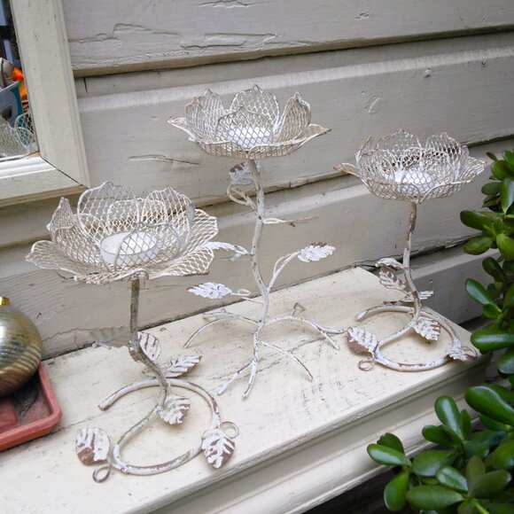 Set of 3 Weathered Rustic Cottage Shabby Chic Metal Flower Votive Candle Holders - Picture 3 of 12